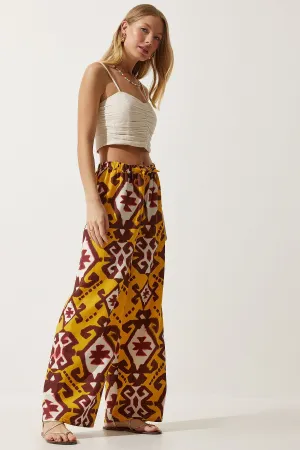 Female mustard patterned raw linen palazzo pants BH00397
