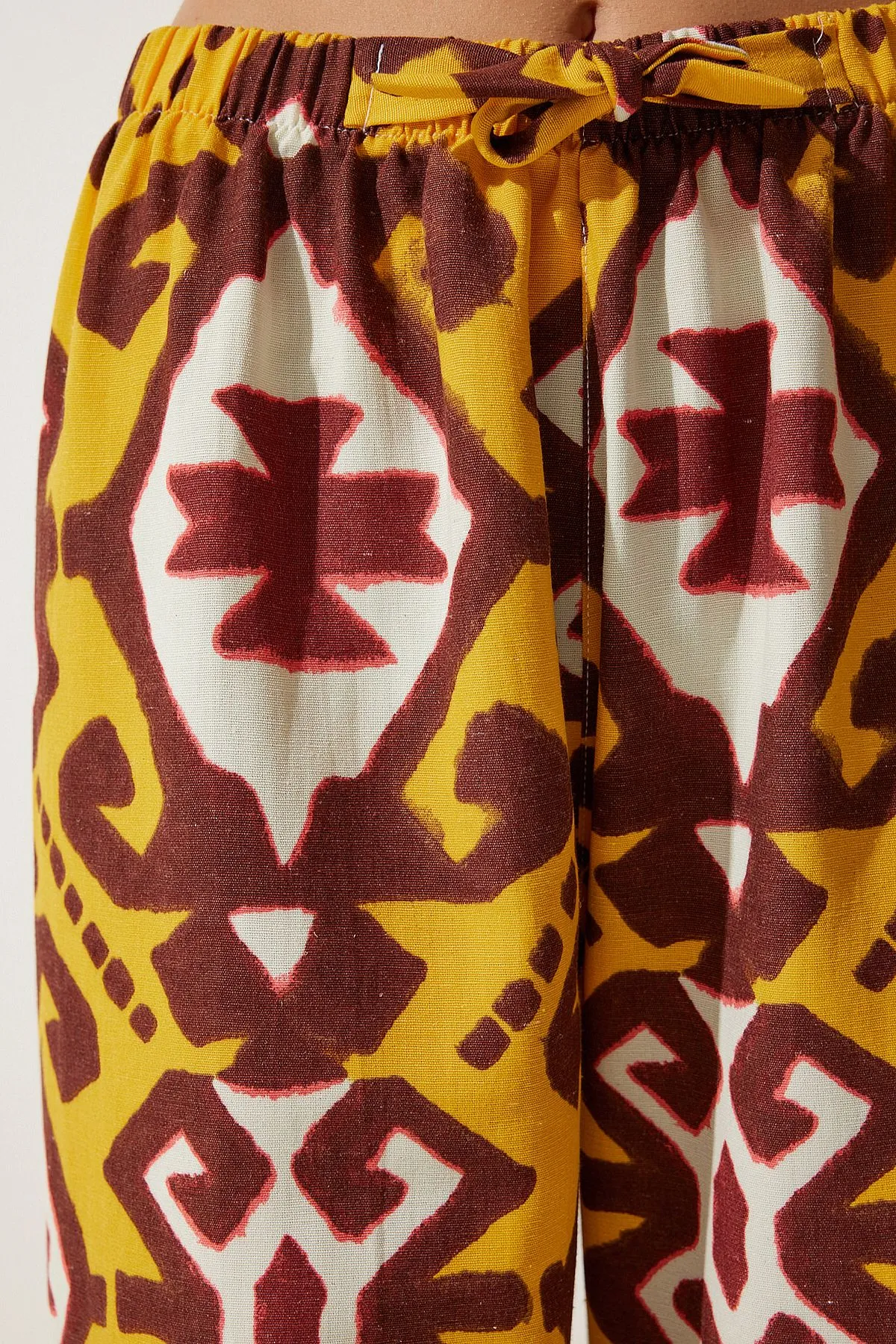 Female mustard patterned raw linen palazzo pants BH00397