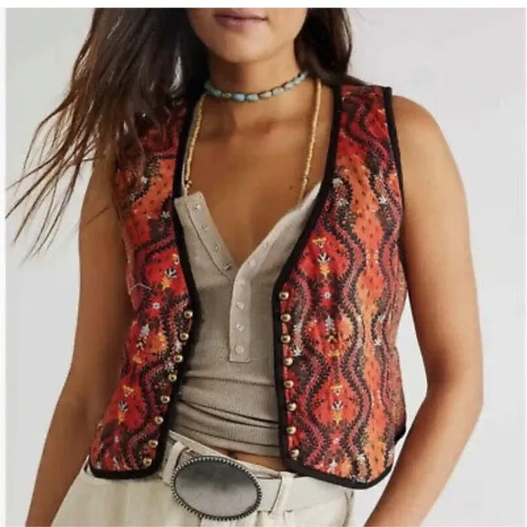 Free People Gemini Rust Quilted Button Vest Boho Festival Women Size S NWT