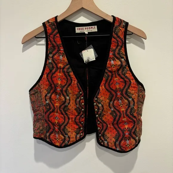 Free People Gemini Rust Quilted Button Vest Boho Festival Women Size S NWT