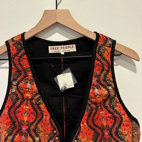 Free People Gemini Rust Quilted Button Vest Boho Festival Women Size S NWT