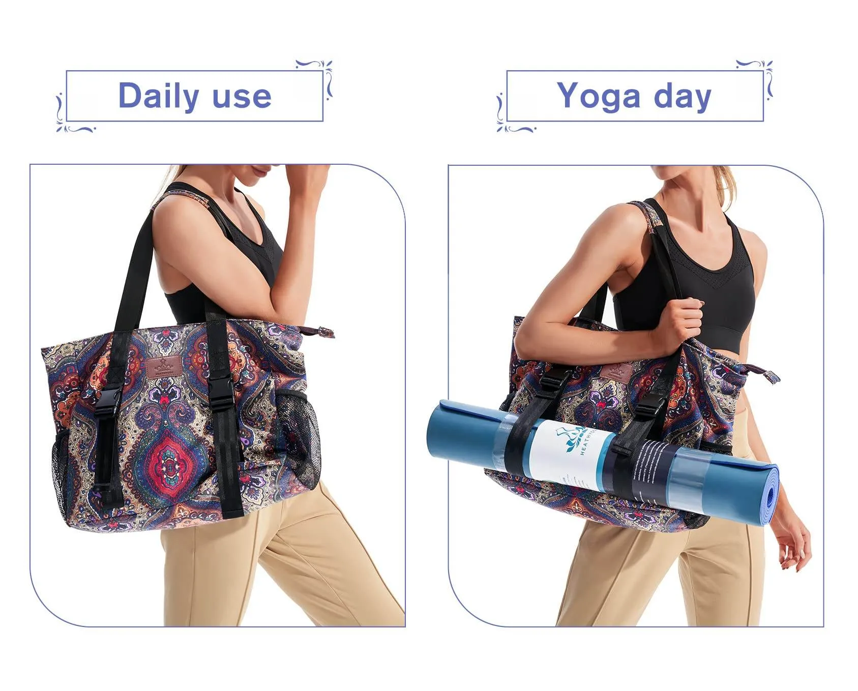Heathyoga Yoga Mat Bag with Large Mat Carrier Pocket Gym Bag for Women Multi-Functional Yoga Bag Workout Bag for Women Yoga Mat Carrier Gym Tote Bag for Women
