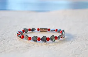 Hematite and Coral Magnetic Hearts Bracelet
