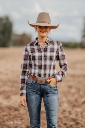 Ladies Slim Fit Long Sleeve Shirt Navy Tan Plaid