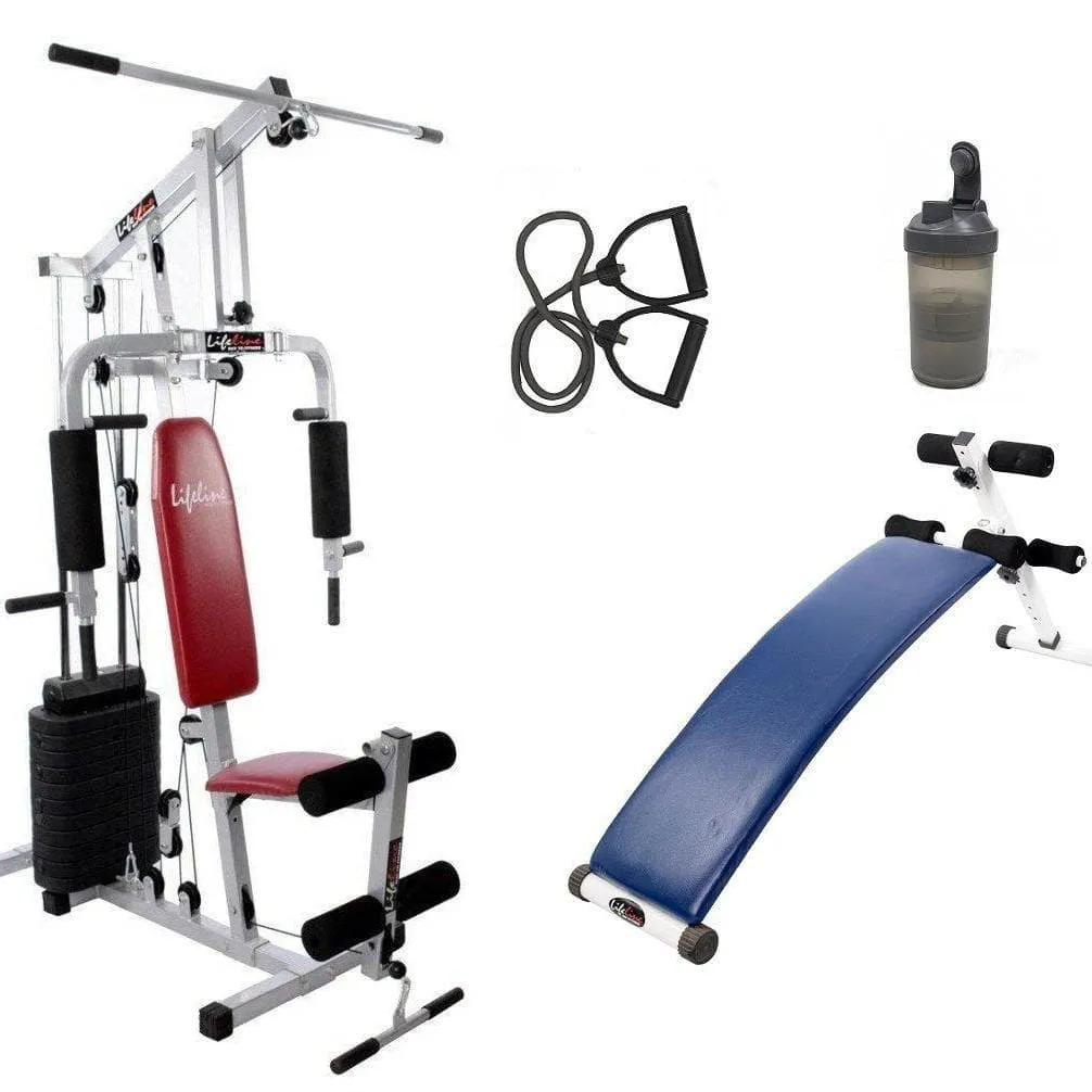 Lifeline All in One Fitness Home Gym 002 For Workout At Home Bundles With Resistance Band, Shaker Bottle and Exercise Curve Bench 5501A || Available on EMI