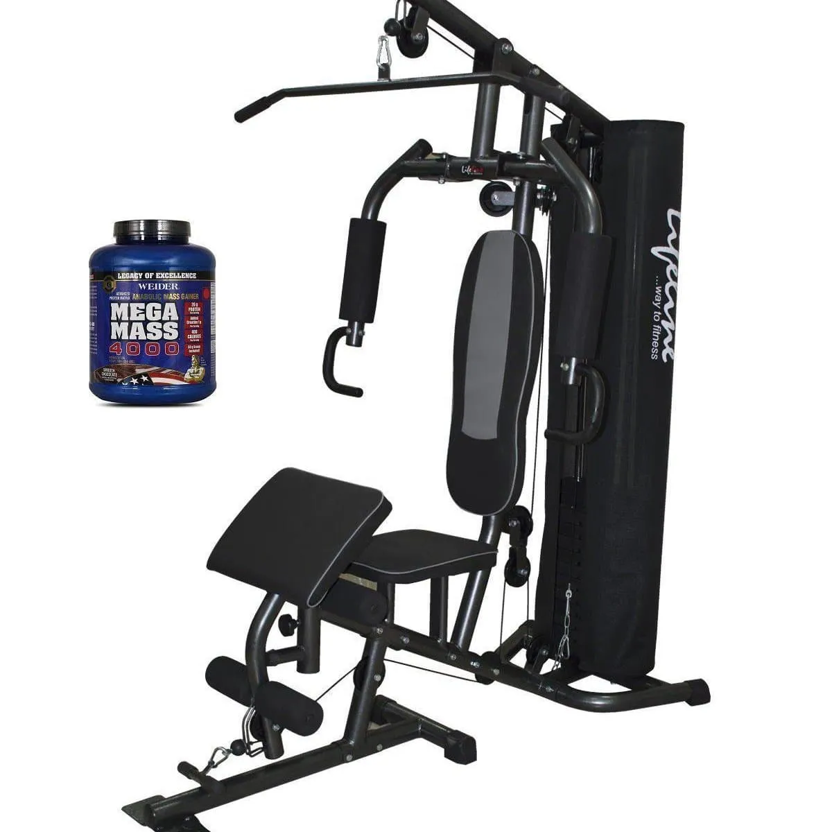 Lifeline Home Gym 005 Deluxe Bundles with Weider Mega Mass 4000 3.9 kg (Smooth Chocolate)||Available on EMI