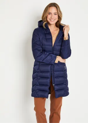 Long quilted hooded down jacket