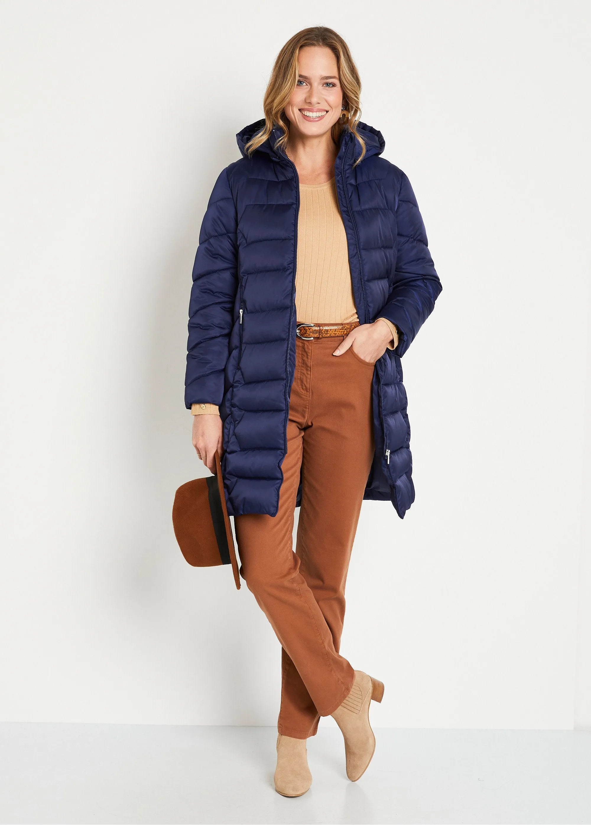 Long quilted hooded down jacket