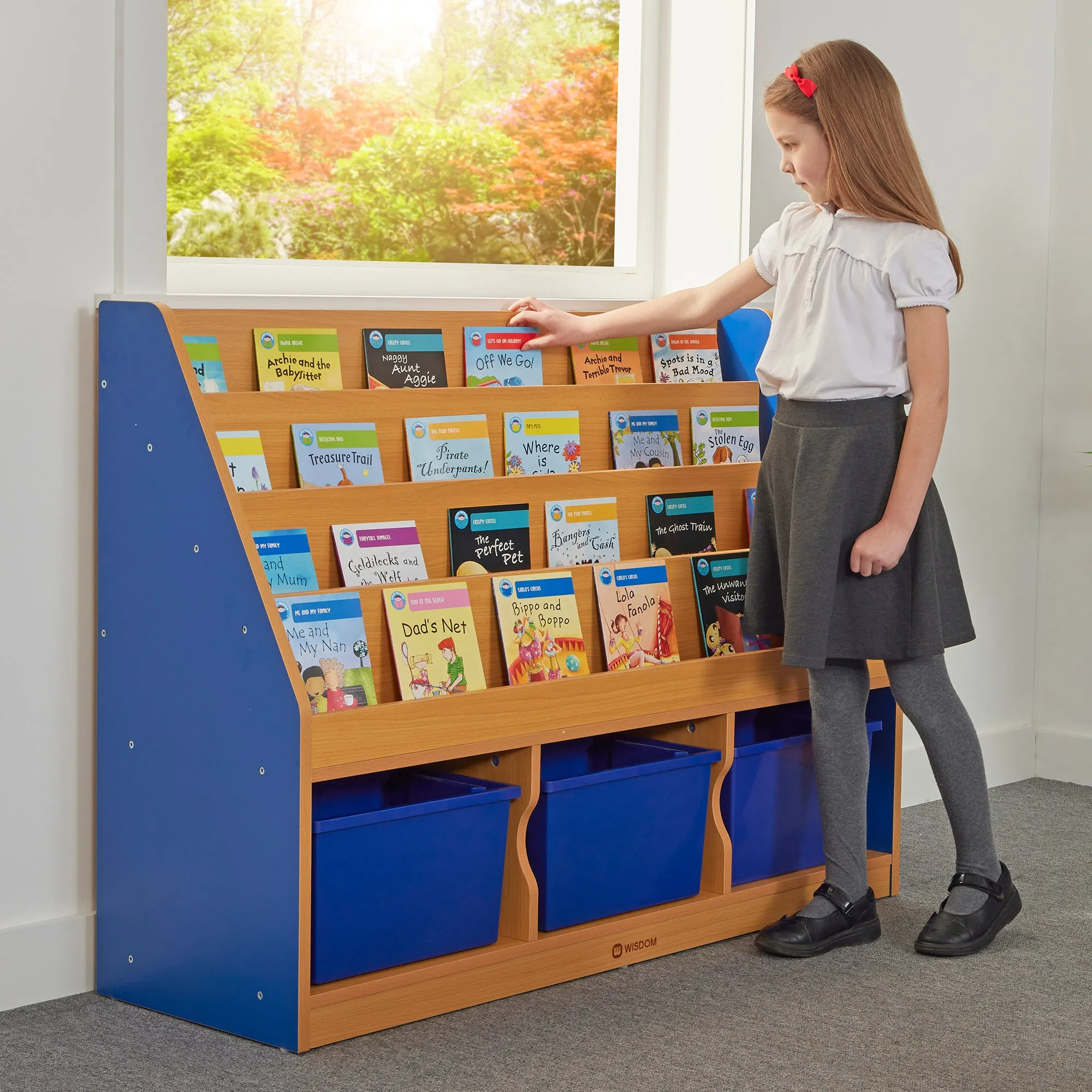 Milan Tiered Bookcase with 3 Blue Trays