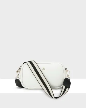 Mini Monica Black/White Camera Crossbody Bag   Stripe Bag Strap