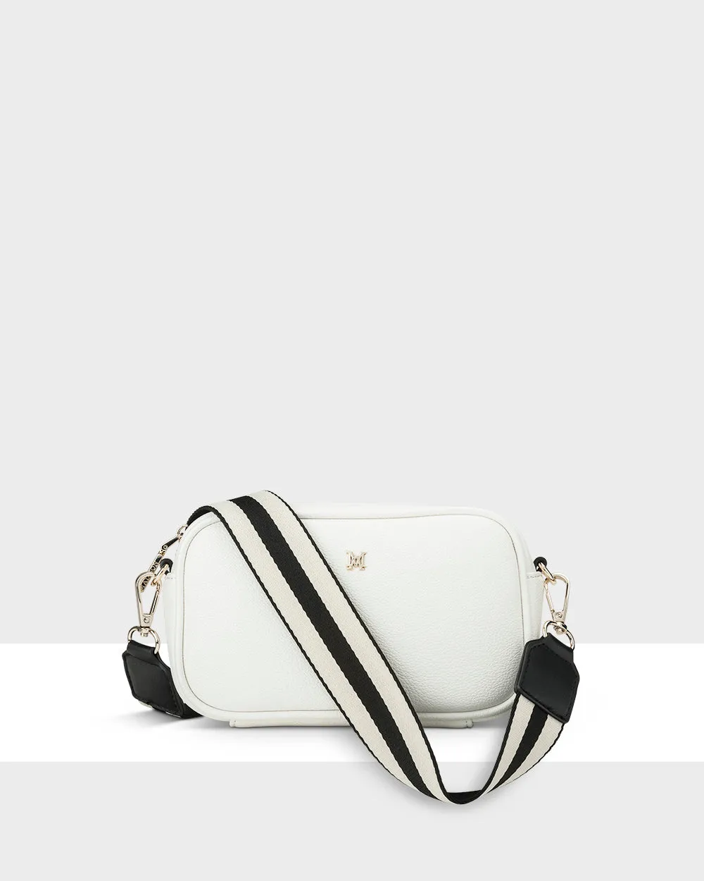 Mini Monica Black/White Camera Crossbody Bag   Stripe Bag Strap