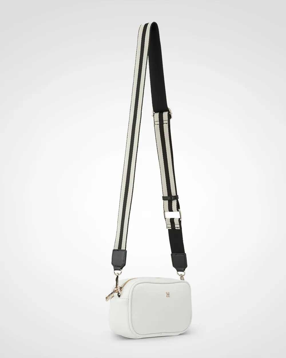 Mini Monica Black/White Camera Crossbody Bag   Stripe Bag Strap