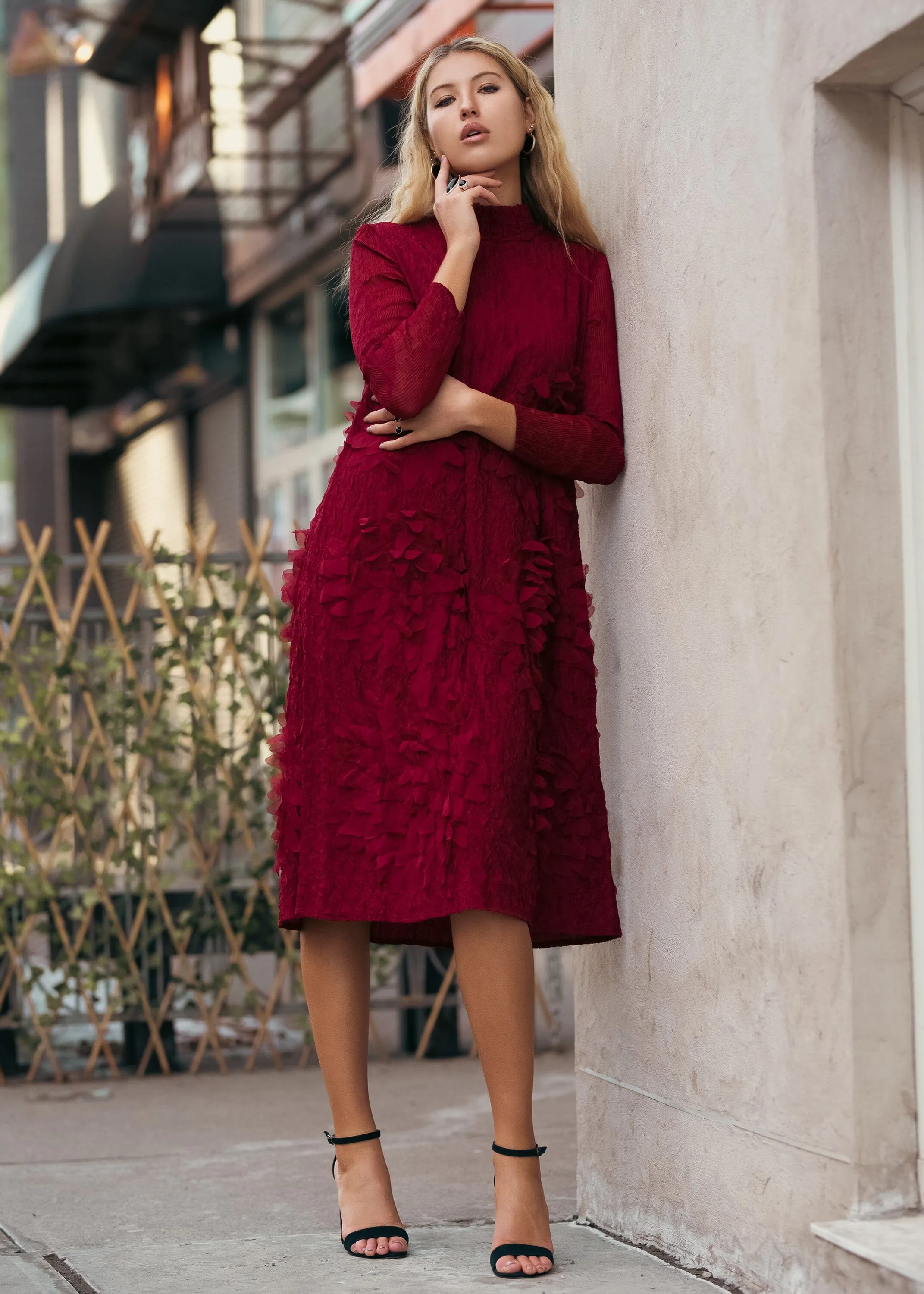 Mock Neck Textured Petal Dress