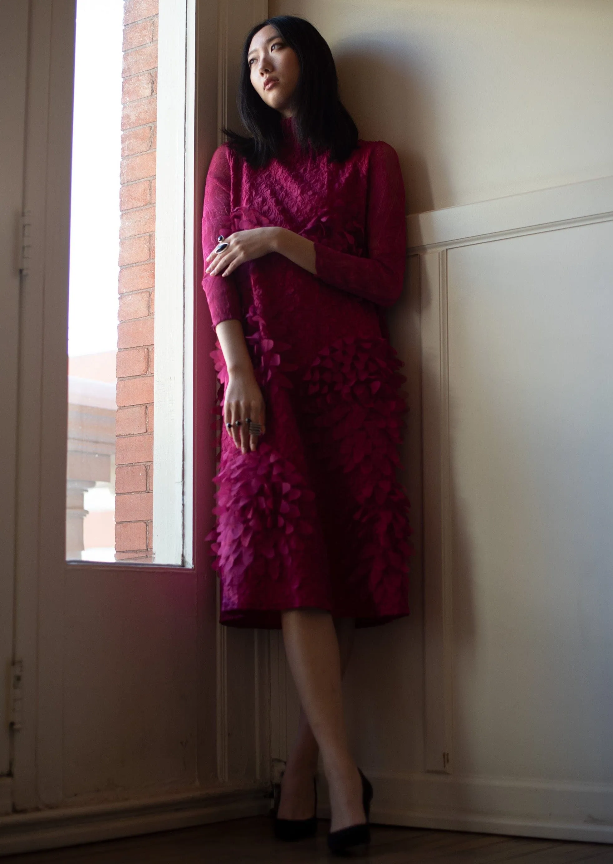 Mock Neck Textured Petal Dress
