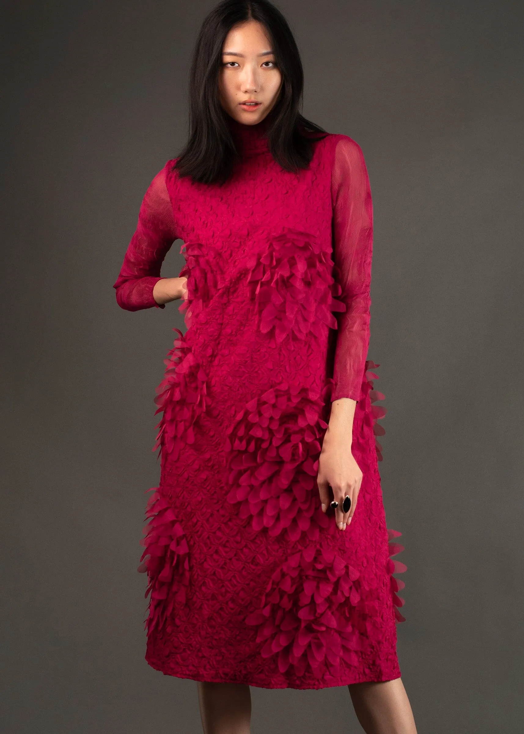 Mock Neck Textured Petal Dress