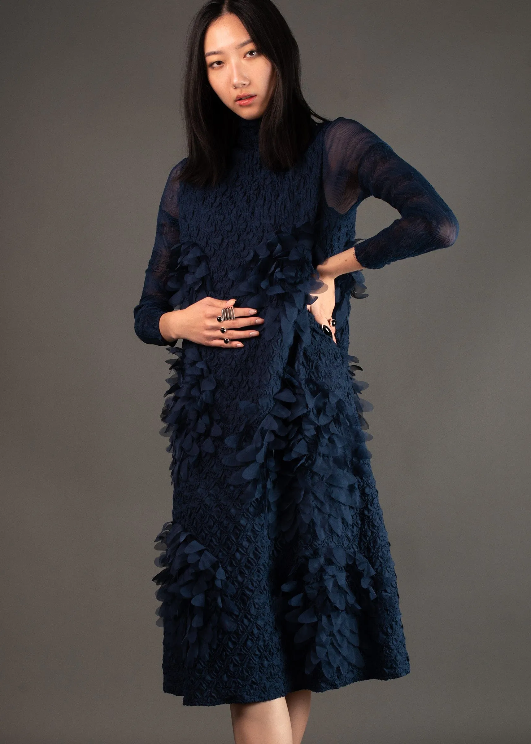 Mock Neck Textured Petal Dress