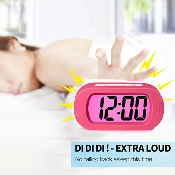 New Digital Alarm Clock, Relime Upgraded Shockproof LCD Display Travel Clock with Silicone Cover Snooze Soft Nightlight Ascending Sound Alarm Desk Clock Battery Powered for Home, Office, Bedroom - Pink