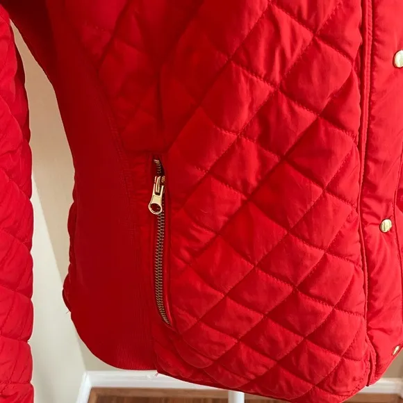 New York &amp; Company Red Quilted Jacket - Coat - w/ Gold Metal Details - Size: L