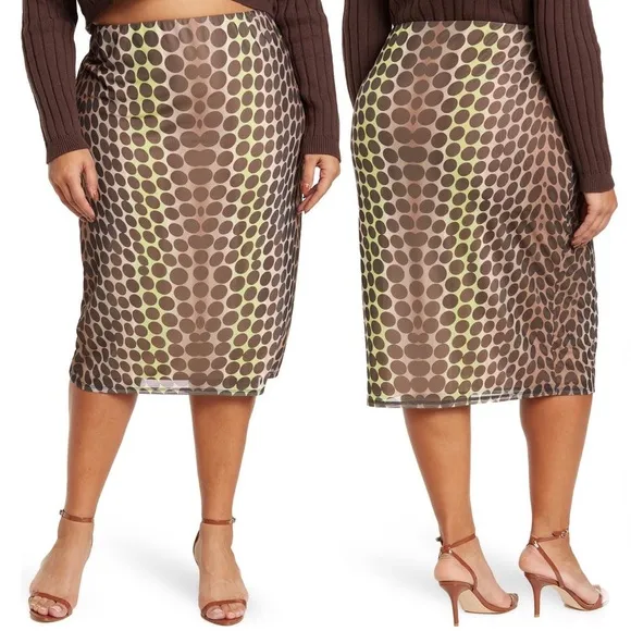 NWT AFRM Lynn Abstract Dot Mesh Stretch Midi Skirt Ombré Brown Pink Multi Sz 3X