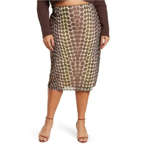 NWT AFRM Lynn Abstract Dot Mesh Stretch Midi Skirt Ombré Brown Pink Multi Sz 3X