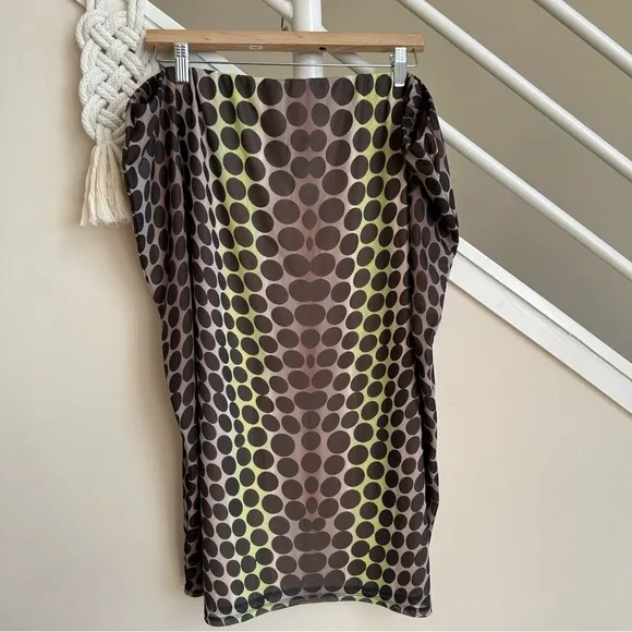 NWT AFRM Lynn Abstract Dot Mesh Stretch Midi Skirt Ombré Brown Pink Multi Sz 3X