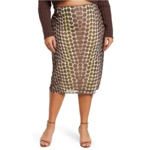 NWT AFRM Lynn Abstract Dot Mesh Stretch Midi Skirt Ombré Brown Pink Multi Sz 3X