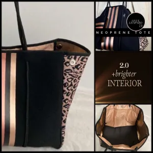 NWT © Onyx Leopard 2.0 black neoprene Tote w/ dark leopard & taupe sides   metallic gold and rose-gold racing stripes - bright gold lining