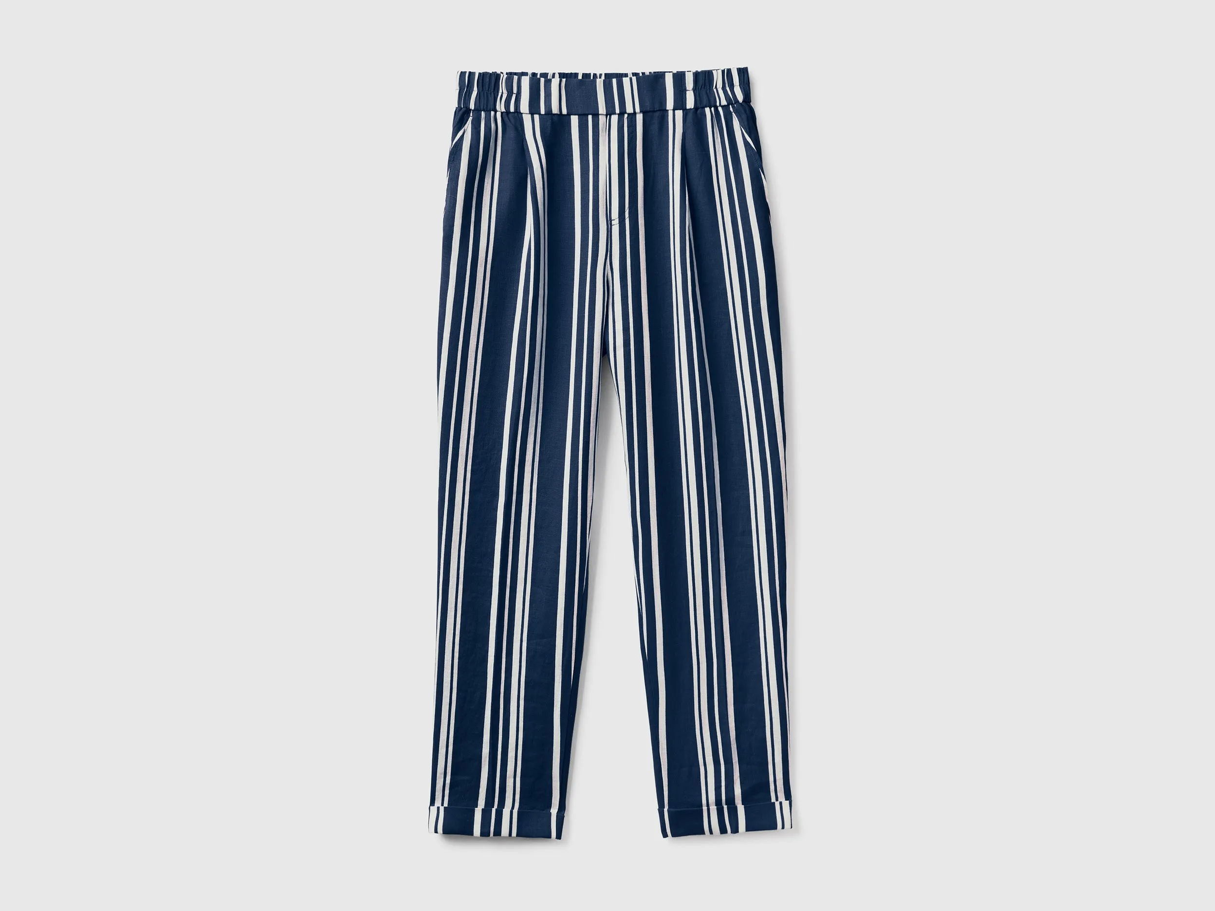 Patterned Cropped Tapered Fit Blue Linen Trousers