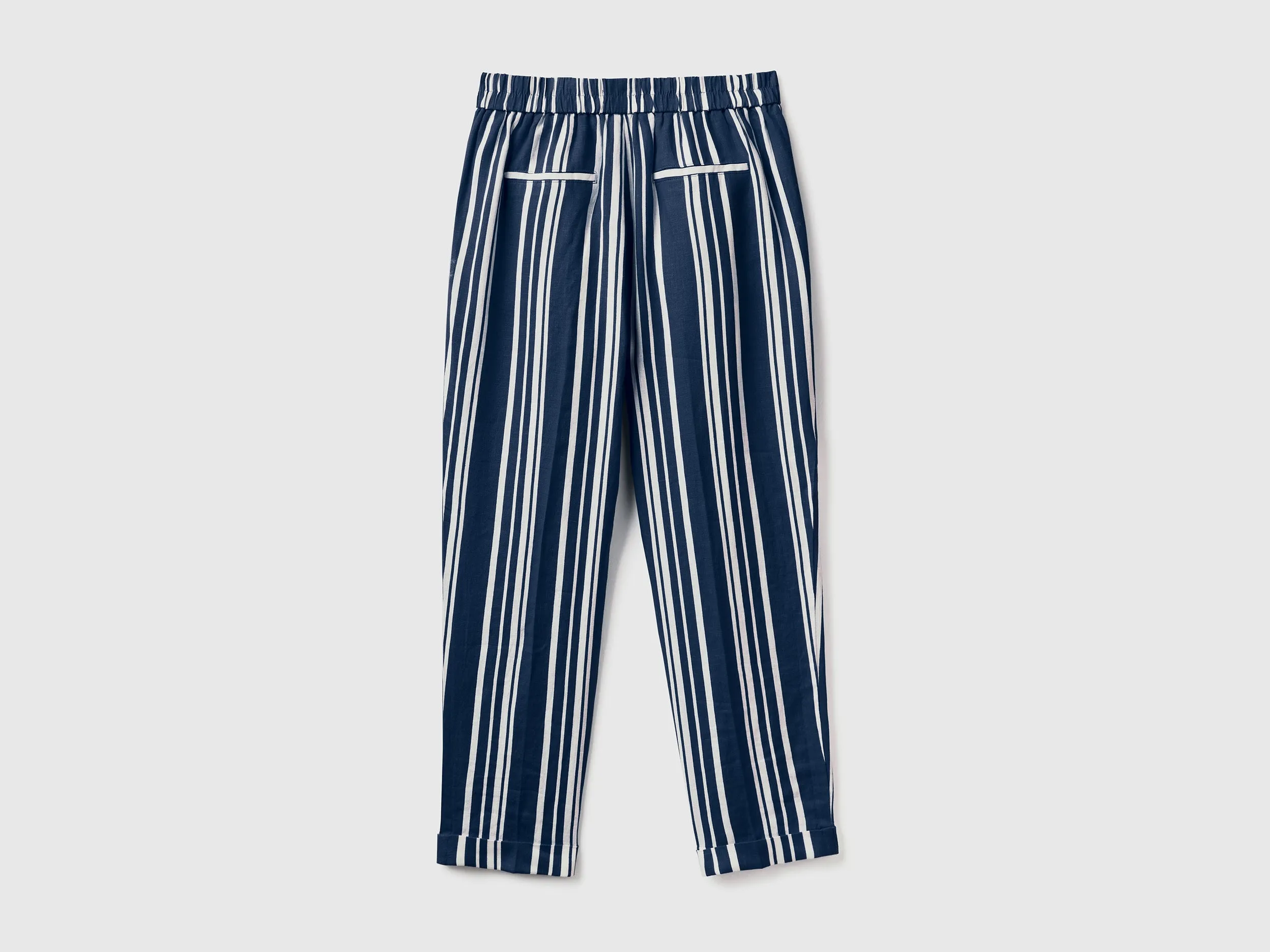 Patterned Cropped Tapered Fit Blue Linen Trousers