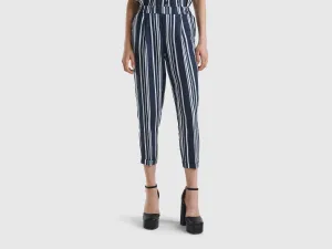 Patterned Cropped Tapered Fit Blue Linen Trousers