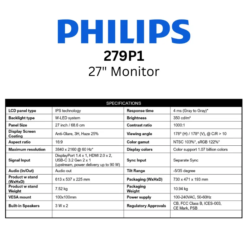 Philips 279P1 27" IPS Panel 3840 x 2160 60Hz Monitor / 4ms / HDMI cable / Type-C / 3 W x 2 speaker