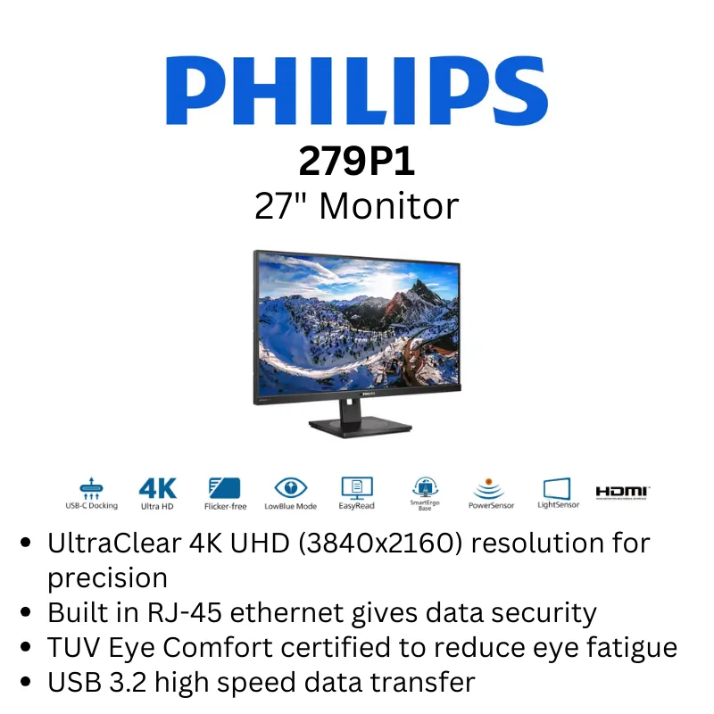 Philips 279P1 27" IPS Panel 3840 x 2160 60Hz Monitor / 4ms / HDMI cable / Type-C / 3 W x 2 speaker