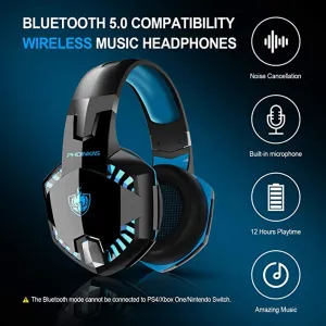 PHOINIKAS G2000 Gaming Headset for PS4, Xbox One, PC, Wired Over Ear Headphones with Detachable Noise Cancelling Mic, Bluetooth Wireless Headset only for Phone, Bluetooth Up to 12h, One-Click 7.1 Stereo Sound