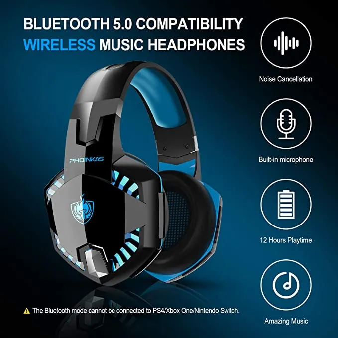 PHOINIKAS G2000 Gaming Headset for PS4, Xbox One, PC, Wired Over Ear Headphones with Detachable Noise Cancelling Mic, Bluetooth Wireless Headset only for Phone, Bluetooth Up to 12h, One-Click 7.1 Stereo Sound