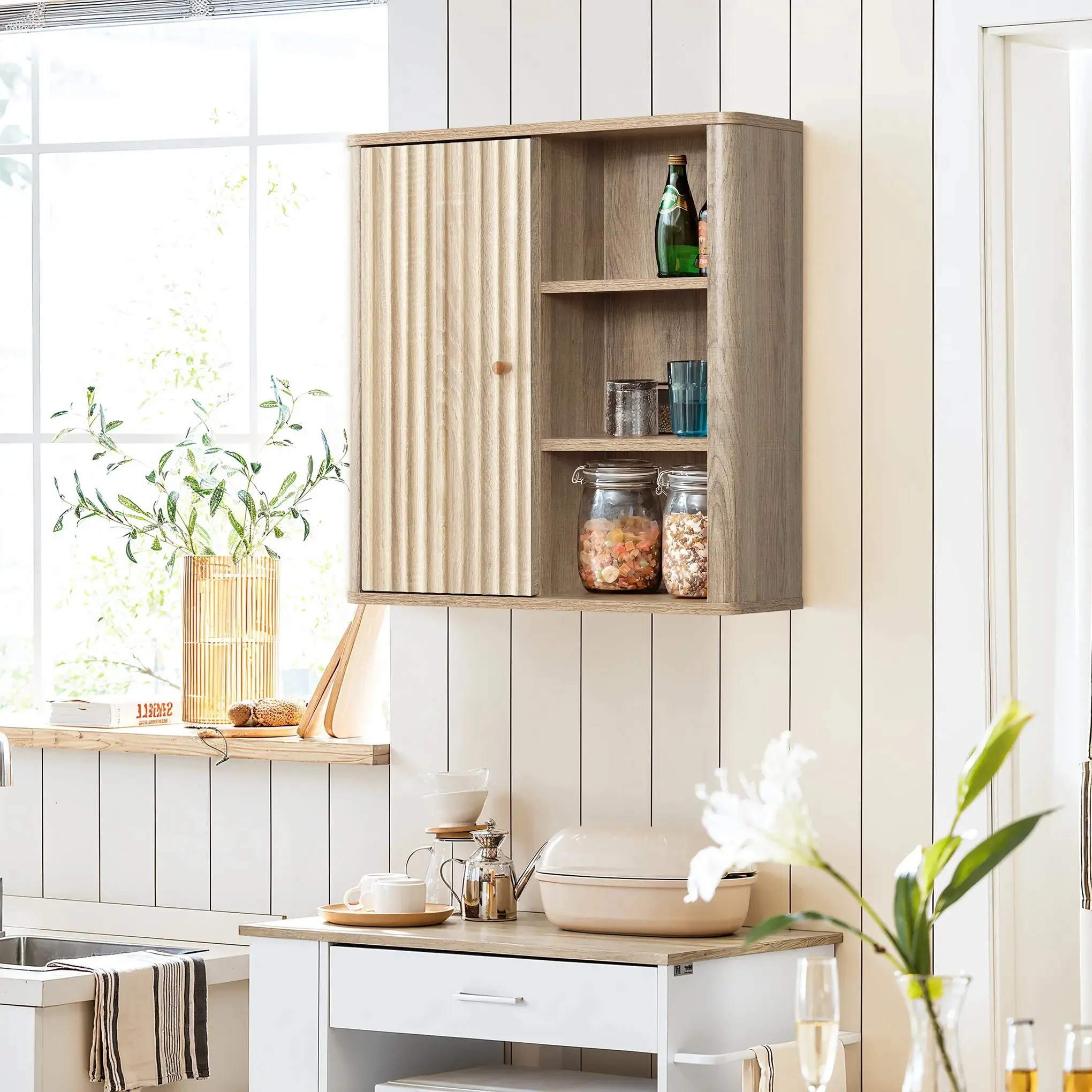 Priya natural finish wave wall cabinet