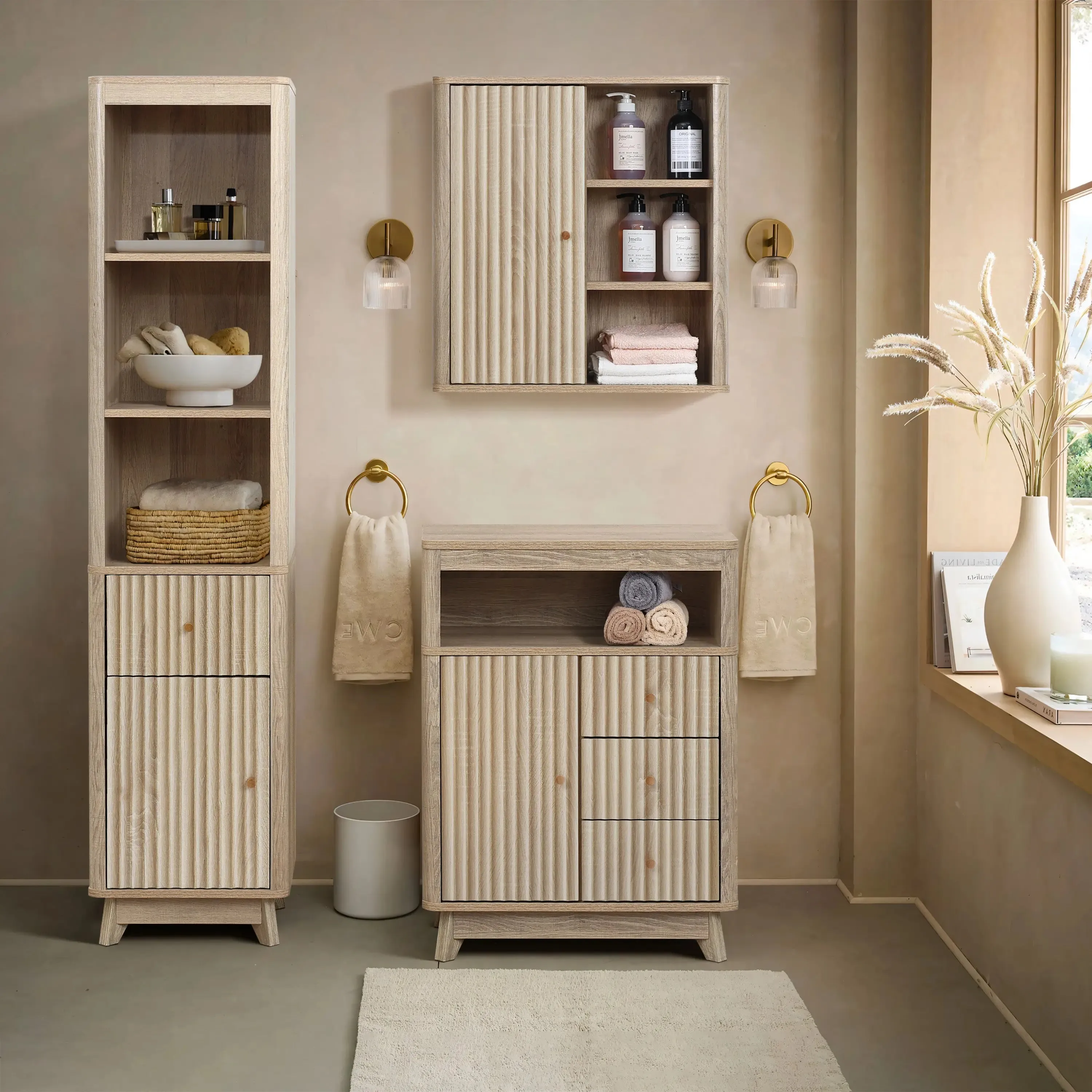 Priya natural finish wave wall cabinet
