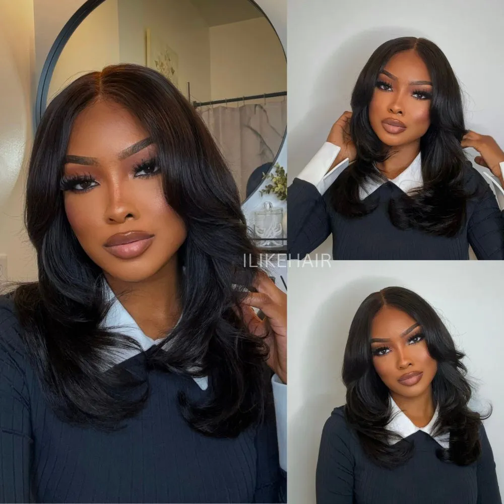 Put on & Go Layered Wavy Curtain Bangs Pre Cut Lace Closure Wig