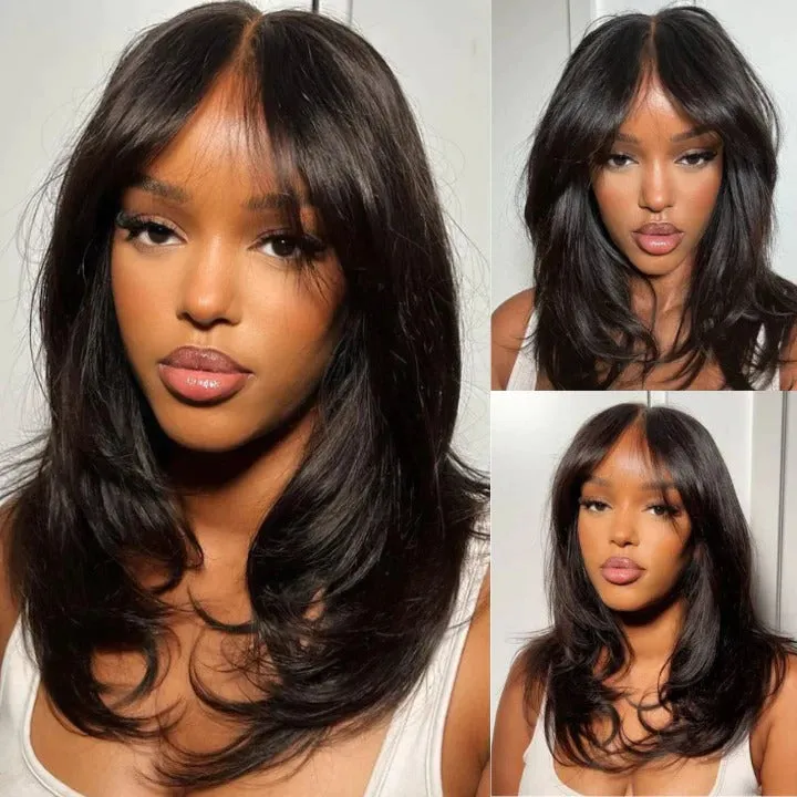 Put on & Go Layered Wavy Curtain Bangs Pre Cut Lace Closure Wig