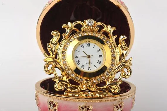 Red Faberge Egg with Gold Clock Inside