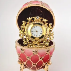 Red Faberge Egg with Gold Clock Inside