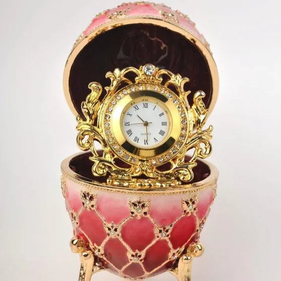 Red Faberge Egg with Gold Clock Inside