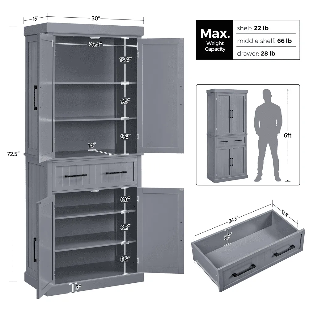 Renwick 72.5'' H Freestanding Pantry Cabinet with Doors and Adjustable Shelves,Dark Gray - use_like_new