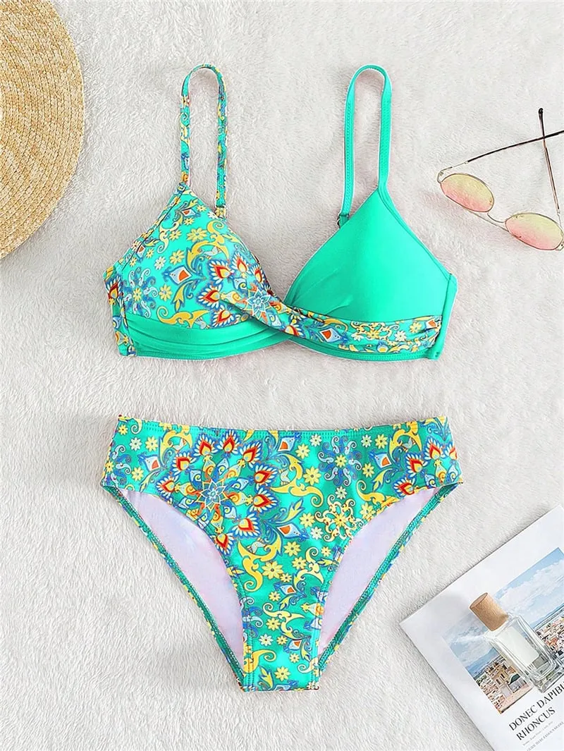 Retro print color-blocking Bikini - Picture 1 / S