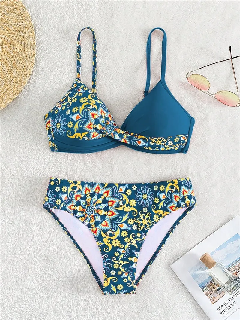 Retro print color-blocking Bikini - Picture 1 / S