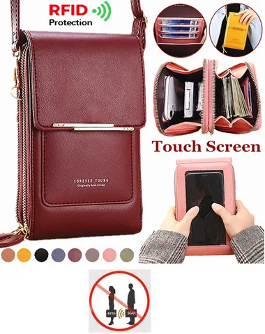 RFID Anti-theft Protection Mobile Phone Slot Leather Wallets Shoulder Bag