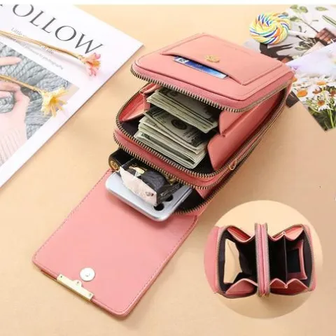RFID Anti-theft Protection Mobile Phone Slot Leather Wallets Shoulder Bag