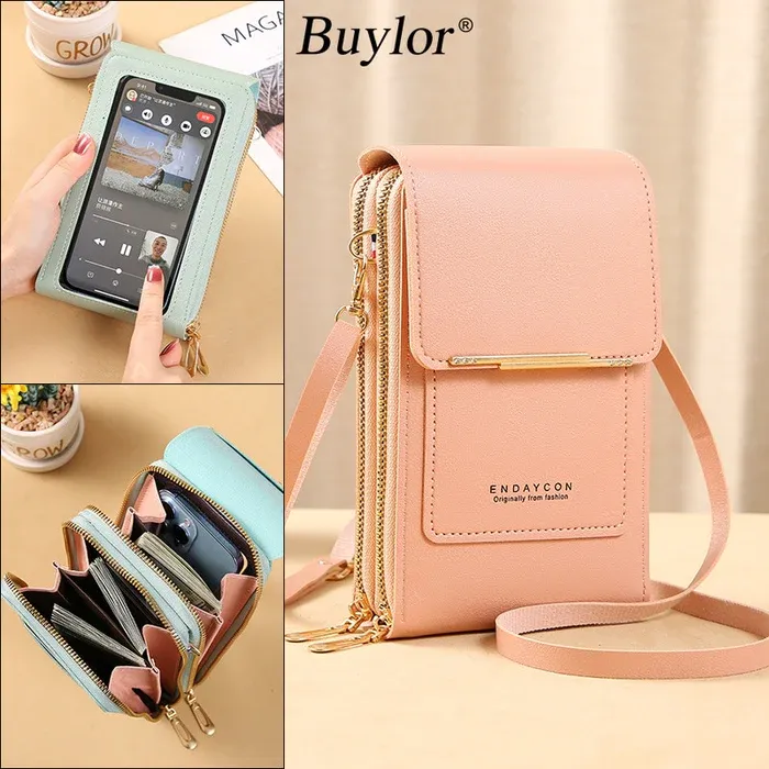 RFID Anti-theft Protection Mobile Phone Slot Leather Wallets Shoulder Bag
