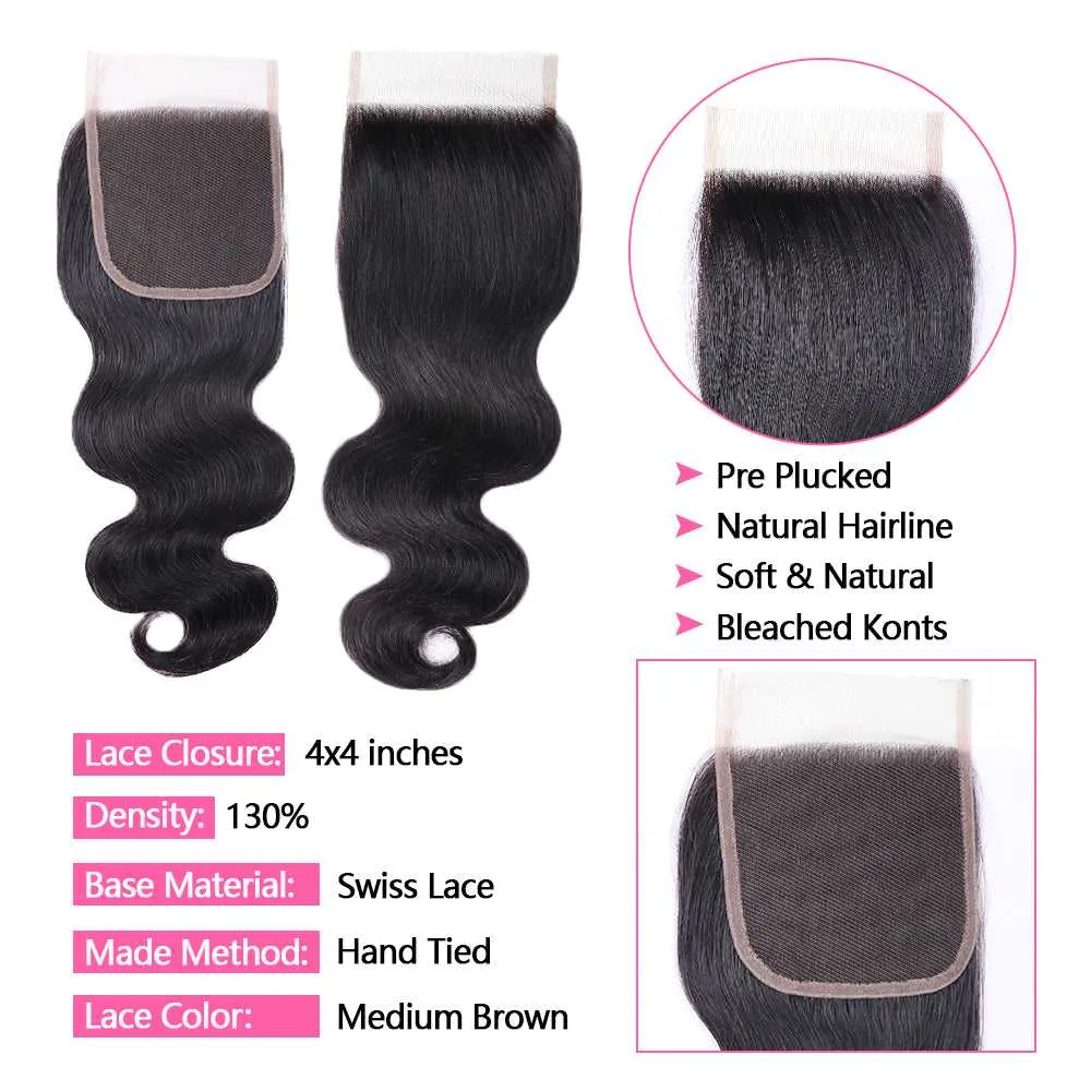 Sdamey 4x4 Lace Closure Brazilian Body Wave Human Hair Closure Lace Hair Extension