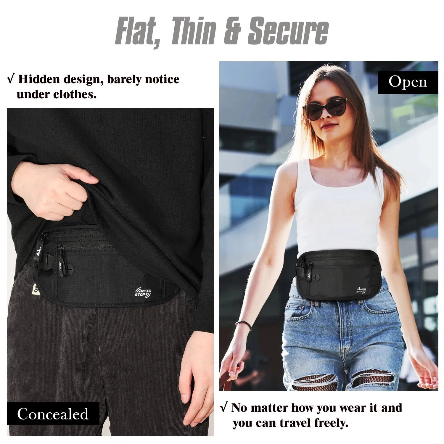 Secure Travel Money Belt Undercover Hidden Rfid Blocking Travel Wallet Anti-theft Passport Wallets for Men & Women Black