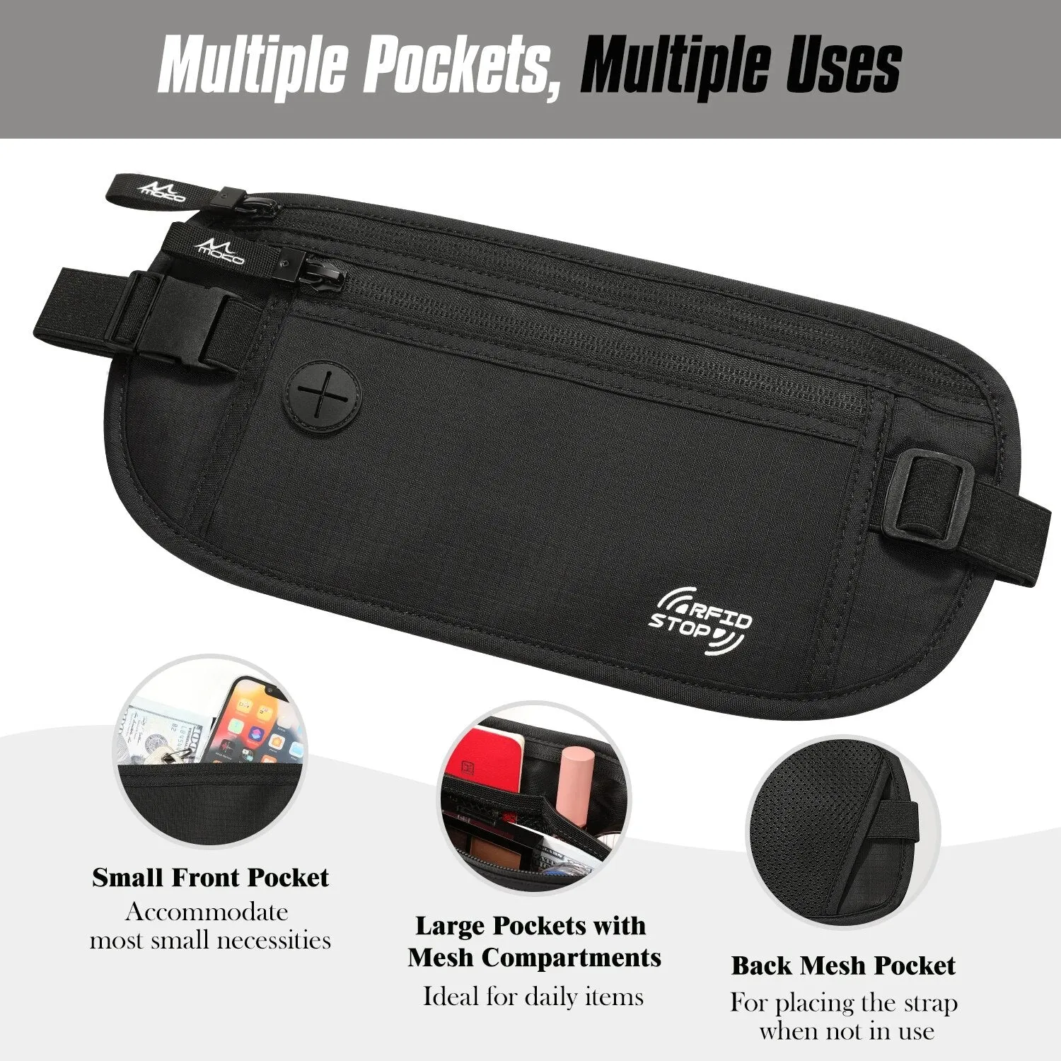 Secure Travel Money Belt Undercover Hidden Rfid Blocking Travel Wallet Anti-theft Passport Wallets for Men & Women Black